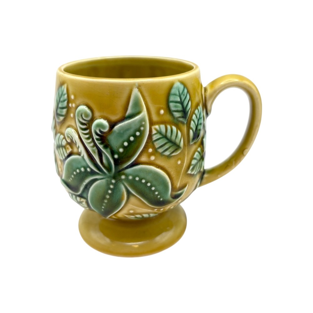 1966 Holt Howard Footed Floral Coffee Mug Green Leaf‎ Yellow Glaze Cup MCM Japan